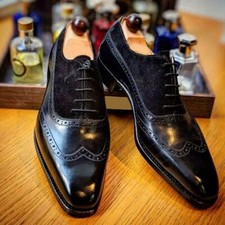 Handmade Men's Black Leather, Suede Wingtip dress shoes, Men Oxford Formal Shoes