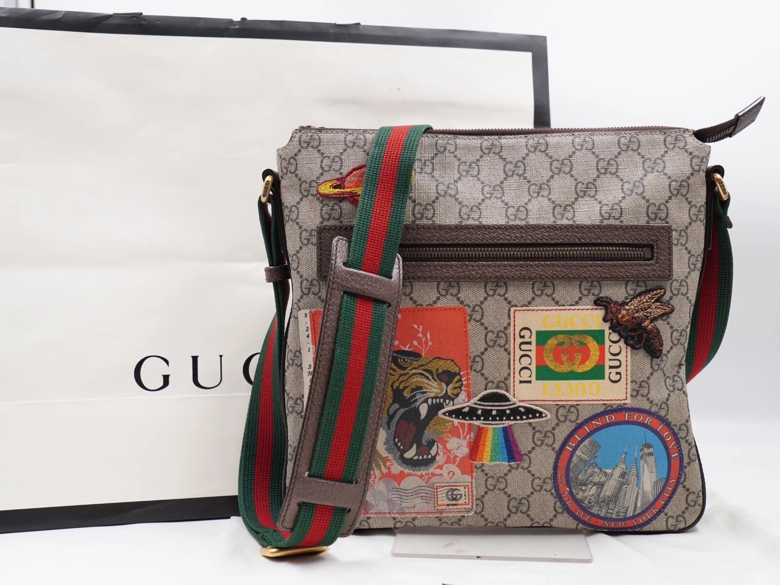 BE34❤️ GUCCI GG Supreme Monogram Web Sac Messenger Plat Neuf Acero