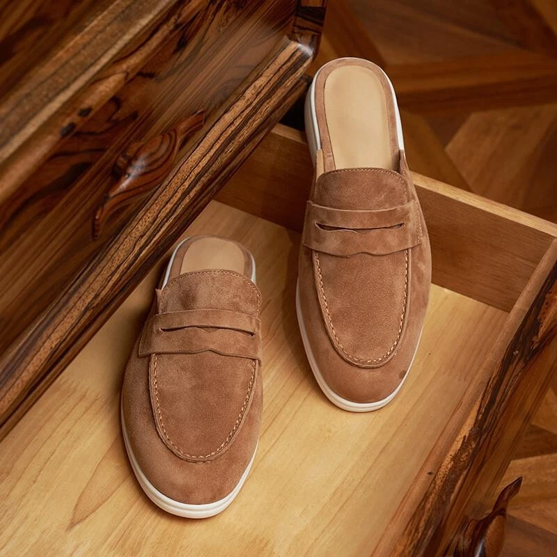 Zapatillas de cuero de gamuza real para hombre planas fiesta verano mocasines mulas vestido informal Foto 3 de 4
