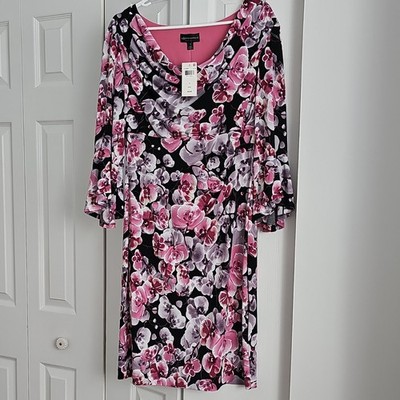 Connected Apparel Pink Black Floral Sheath Dress Cowl Neck Bell Sleeve Size 10