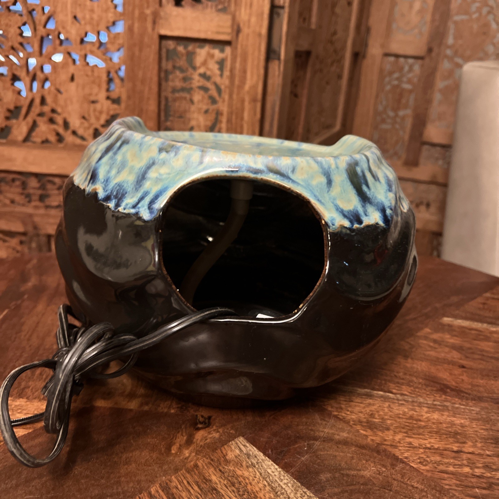 Ceramic Tabletop Cascading Fountain Electric Blue Glaze 7x10 Bubbling Indoor Out