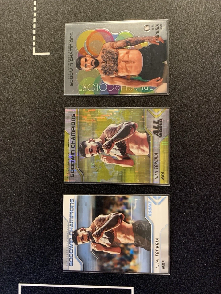 Lote de 3 tarjetas Ilia Topuria UFC Goodwin Champions Aw-5 verde neón y 2 tarjetas RC Foto 4 de 4