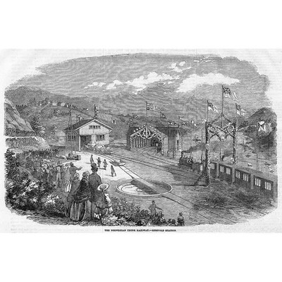 NORWEGEN Eröffnung der Norwegischen Stammbahn Bahnhof Eidsvold alter Druck 1854
