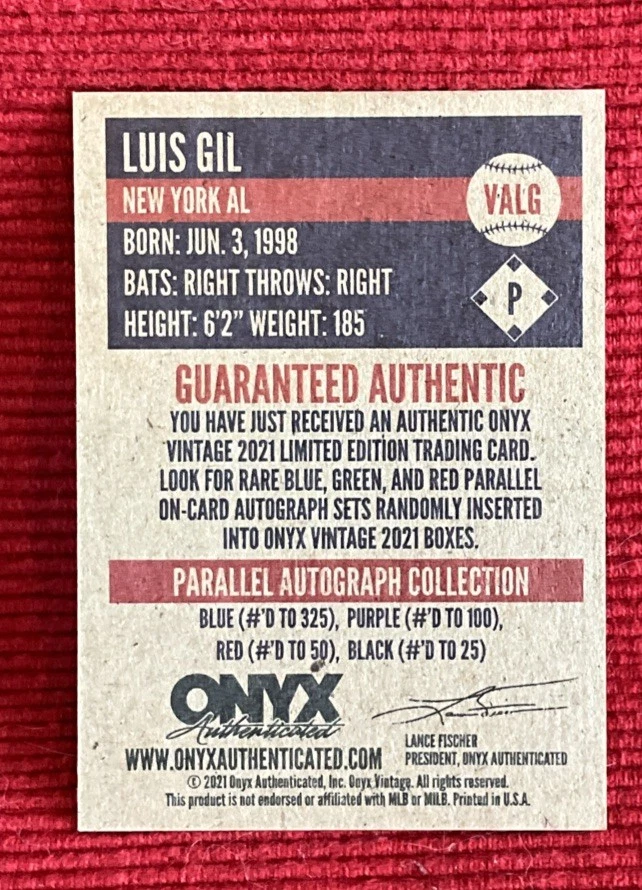Luis Gil (ROY) - Blue Ink Auto /325 - 2021 Onyx Vintage #VALG - New York Yankees - Image 2 of 2