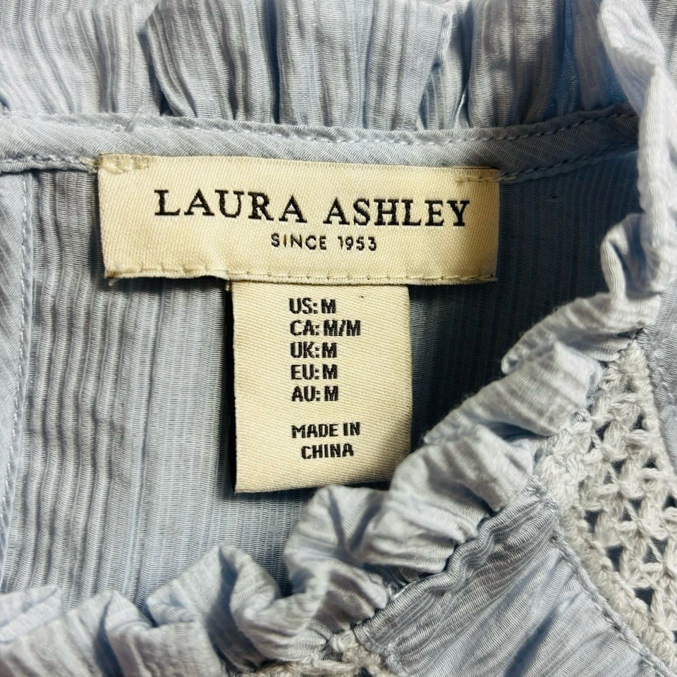 Laura Ashley Womens High Neck Ruffle Lace Feminine Cottagecore Blouse Sz M Blue - Image 4 of 4