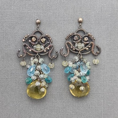 Sterling Silver Wire Woven Gemstone Cascade Earrings.