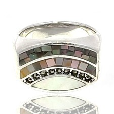 Sterling Silver Mosaic Stone, Marcasite, and Mother of Pearl Ring KS1022082 
