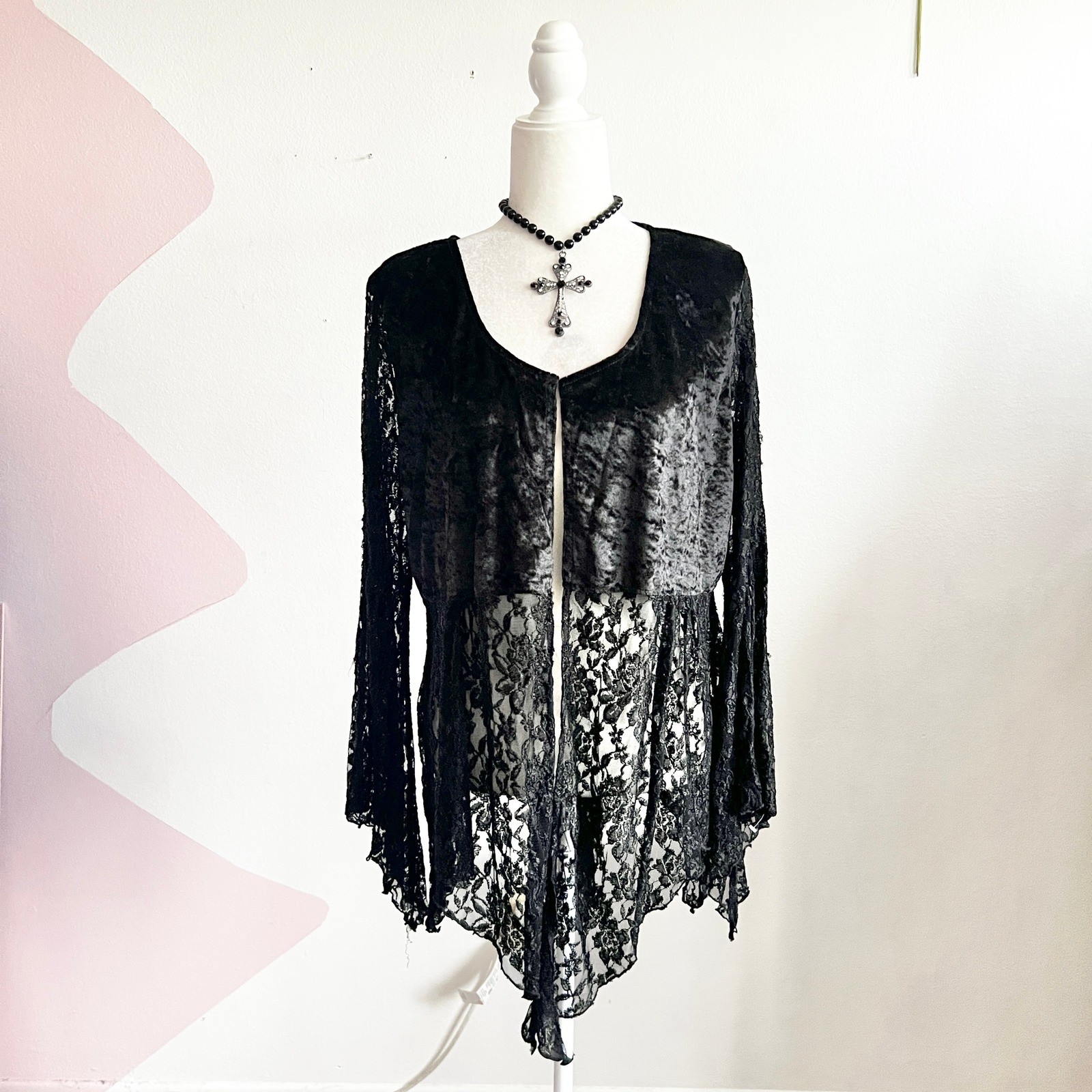Black Velvet Asymmetrical Top Lace Sheer Gothic Whimsigoth Witchy 1X