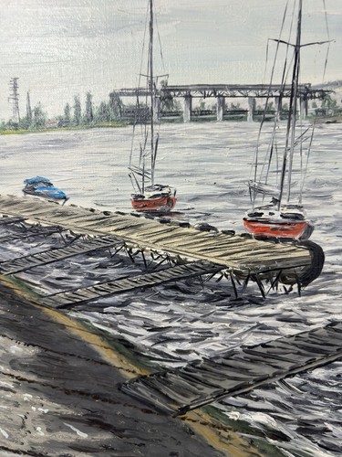 Grande huile sur toile signée : voiliers amarrés au ponton Ecole Française XIXe - Photo 5/15