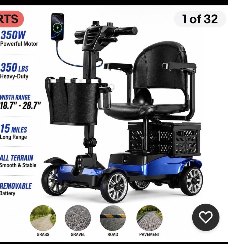 4-Wheel Adult Mobility Scooter, 350lb Heavy Duty, Removable Battery, Blue