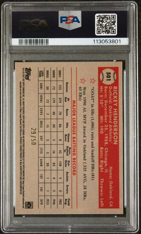 2021 Topps Chrome Platinum Anniversary Rickey Henderson Gold /50 PSA 10 - Image 2 of 2