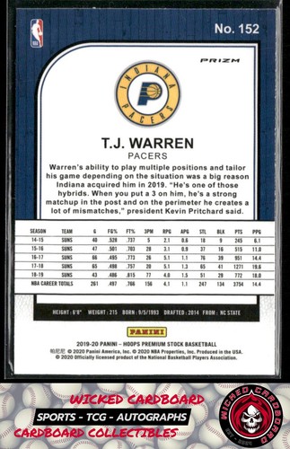 T.J. Warren 2019-20 Hoops Premium Stock Prizms Silver #152 Indiana Pacers - Picture 2 of 2