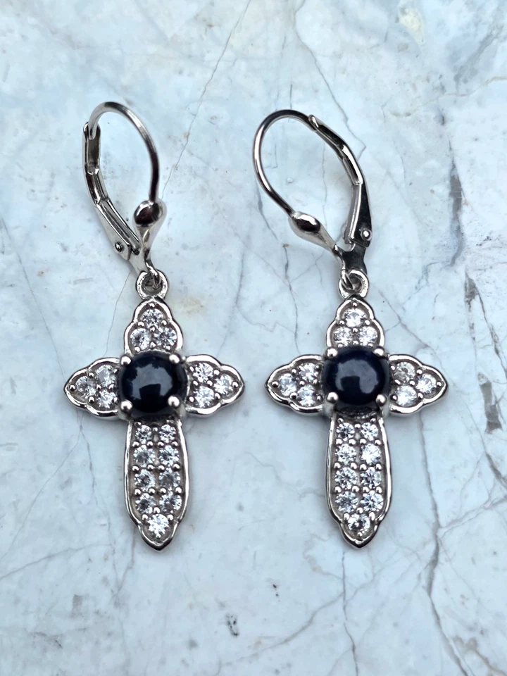 Blue Star Sapphire / White Zircon Cross Earrings in Platinum Sterling 4.00 ctw - Image 3 of 4