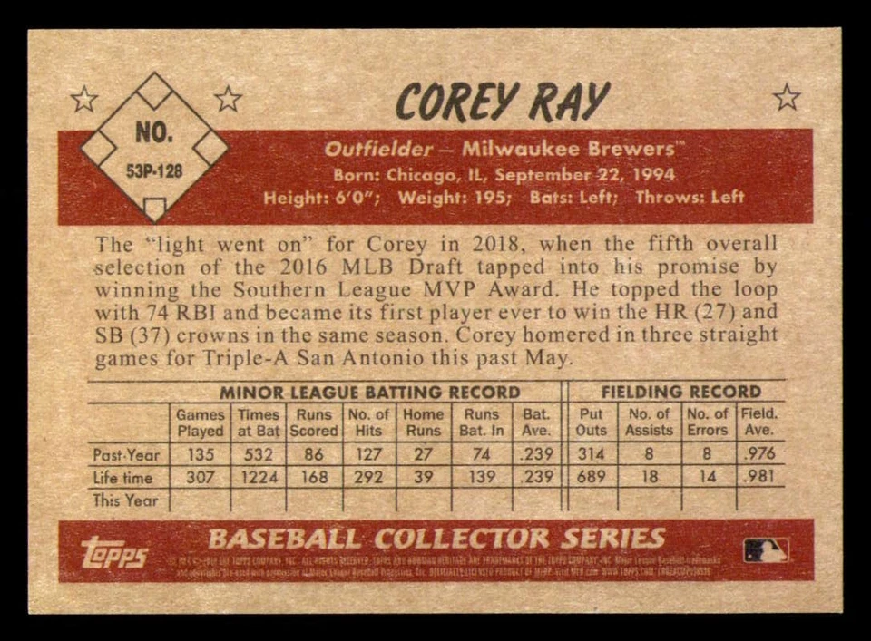 2019 Bowman Heritage Prospects - MILWAUKEE BREWERS Corey Ray - Image 2 of 4