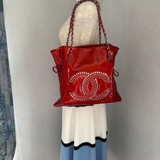 Chanel Red Enamel Leather Chain Shoulder Bag Rhinestones Coco Mark Used