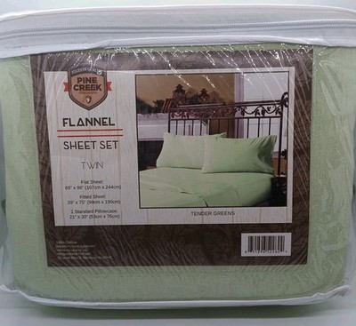 Pine Creek Flannel Twin Size Sheet Set 100% Cotton Tender Greens 3 Piece Set