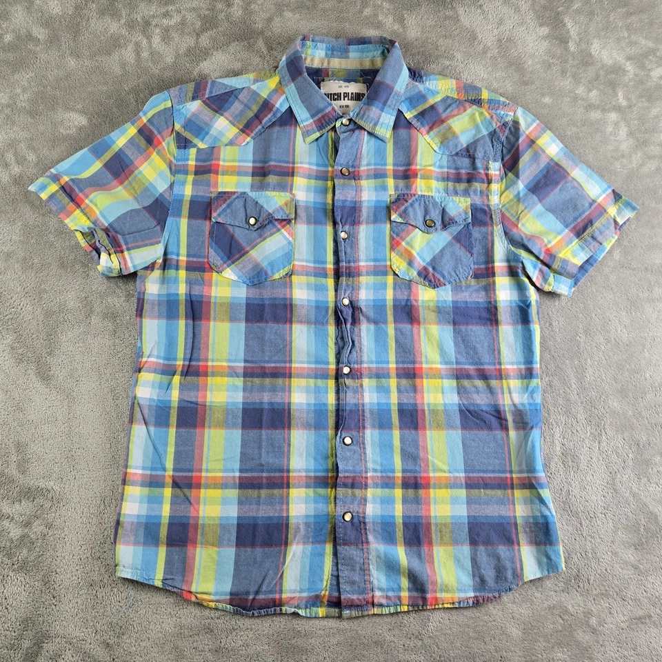 Camisa Ditch Plains Para Hombres XL Azul Amarillo Cuadros Perla A Presión Manga Corta Colorida Foto 2 de 4