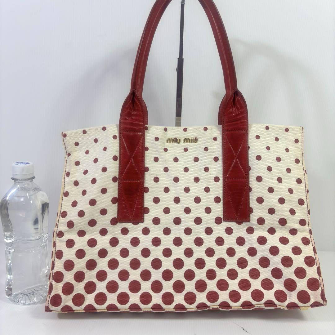 MIU MIU トートバッグキャンバス金ロゴA4収納可ドット柄底鋲