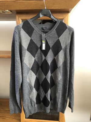 Apt Sweater Mens 2XLT Gray And Black Argyle Long Sleeve