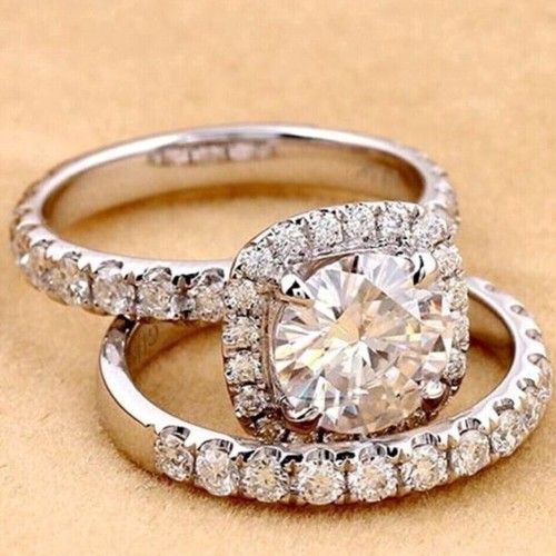 2.50Ct Round Cut Lab Created Diamond Bridal Ring Set 2pcs 14K White Gold Plated - Picture 4 of 4