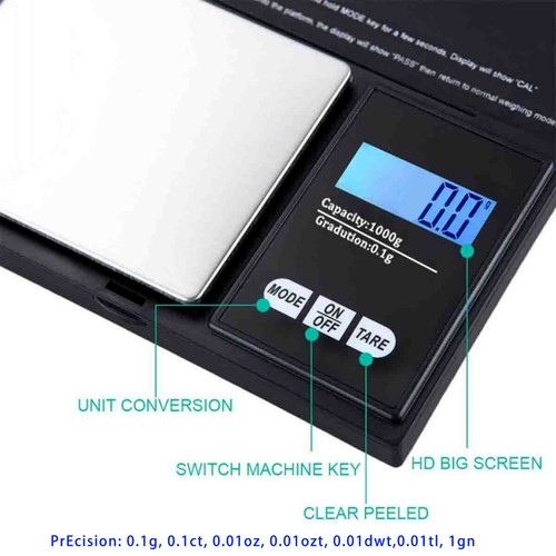 Digital Scale 1000g x 0.1g Jewelry Gold Silver Coin Gram Pocket Size Herb Grain - Picture 7 of 7