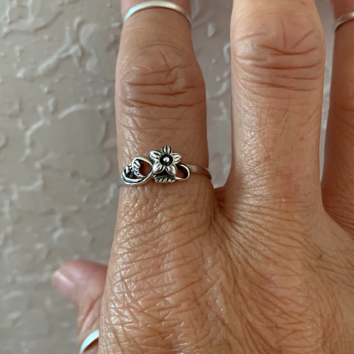 Sterling Silver Flower with Leaves Ring Silver Rings Flower Ring Heart Ring