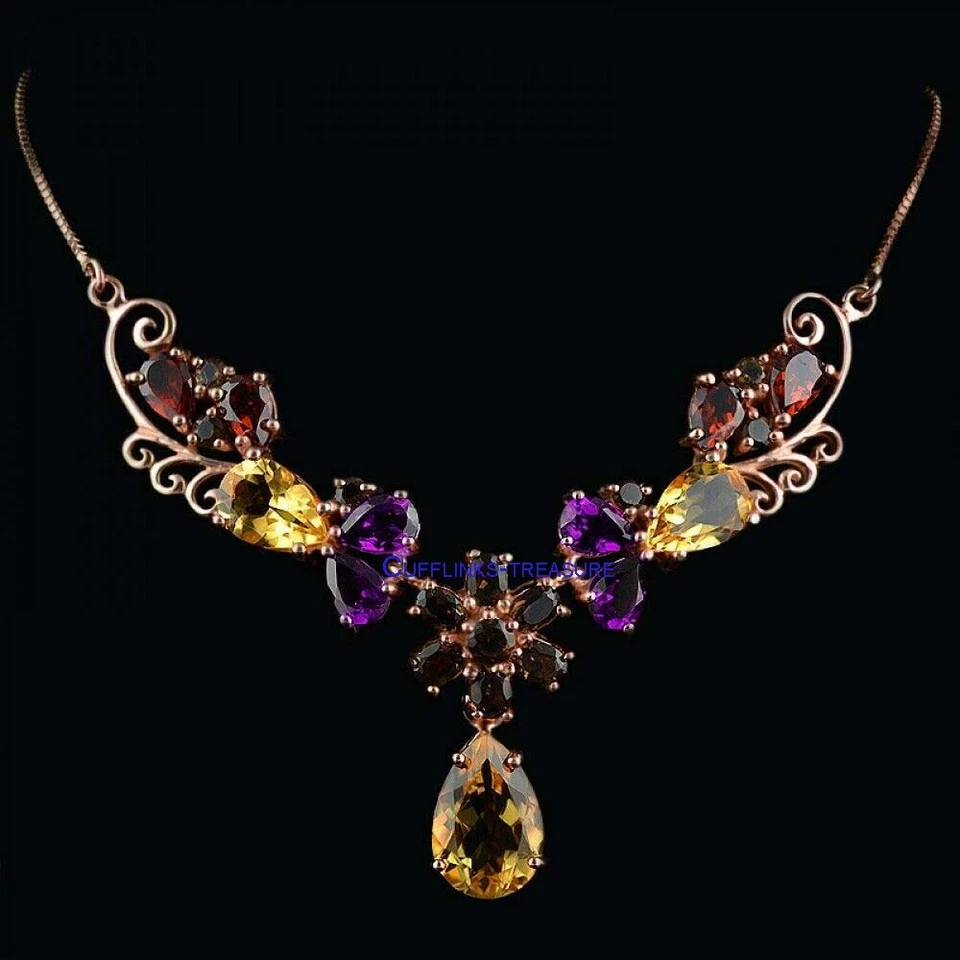 Naturale Citrino Ametista Multi Gemme 925 Argento Placcato Oro Rosa Collana #3 - Immagine 3 di 3