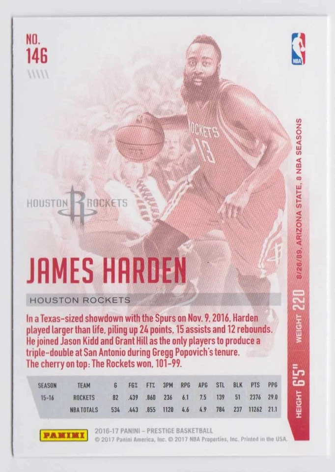2016-17 Panini Prestige Base Metallized #146 James Harden Houston Rockets - Image 2 of 2