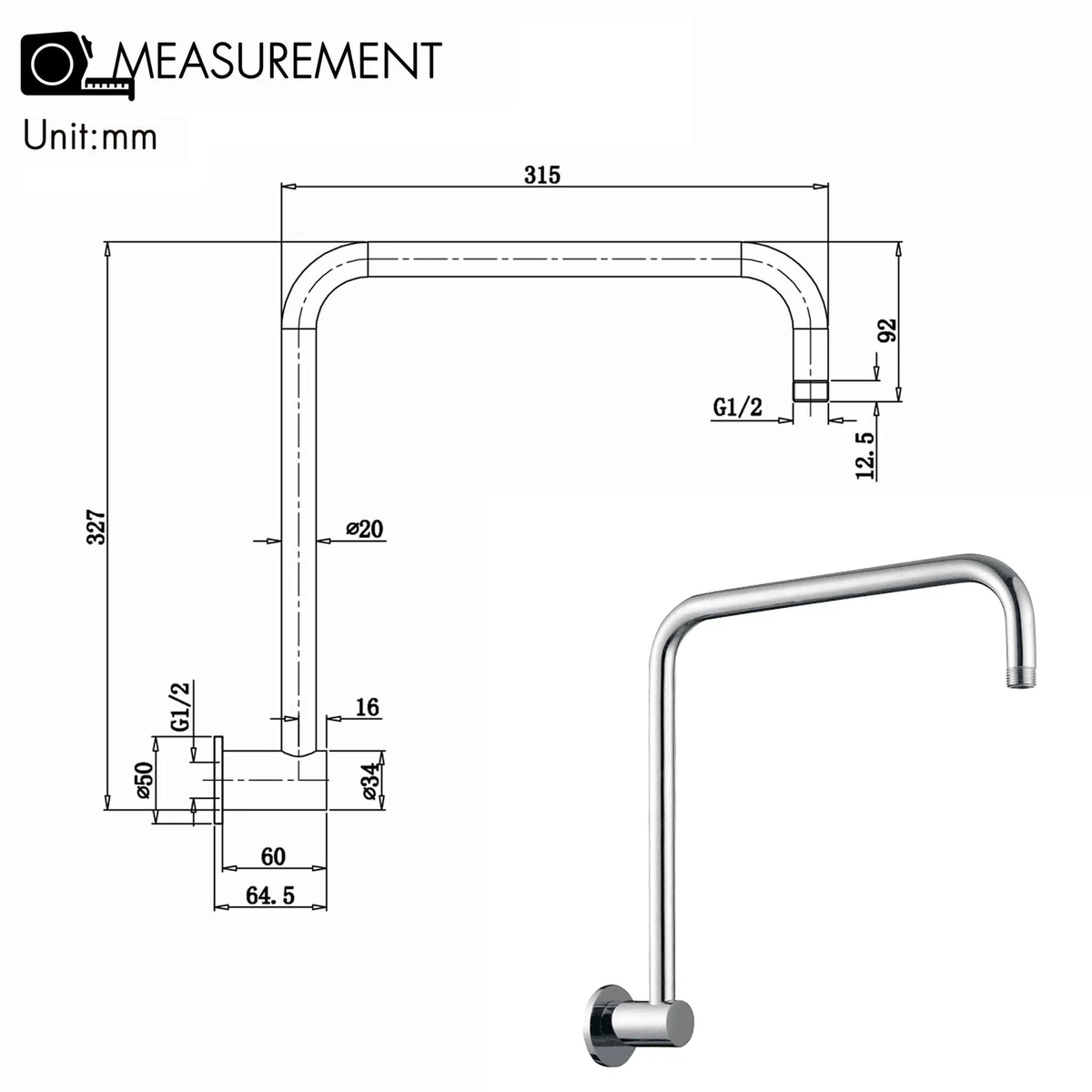 Chrome Round 8/10/12/16'' Rain Shower Head Ceiling Arm Swivel Gooseneck Wall Arm
