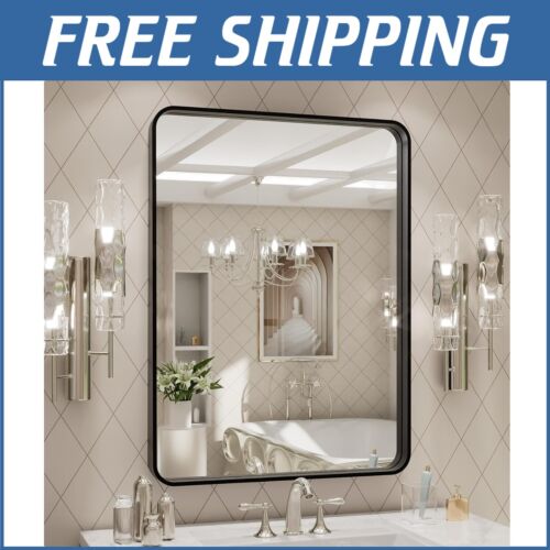 24x32 Inch Matte Black Metal Bathroom Mirror - Stylish Farmhouse Rectangle