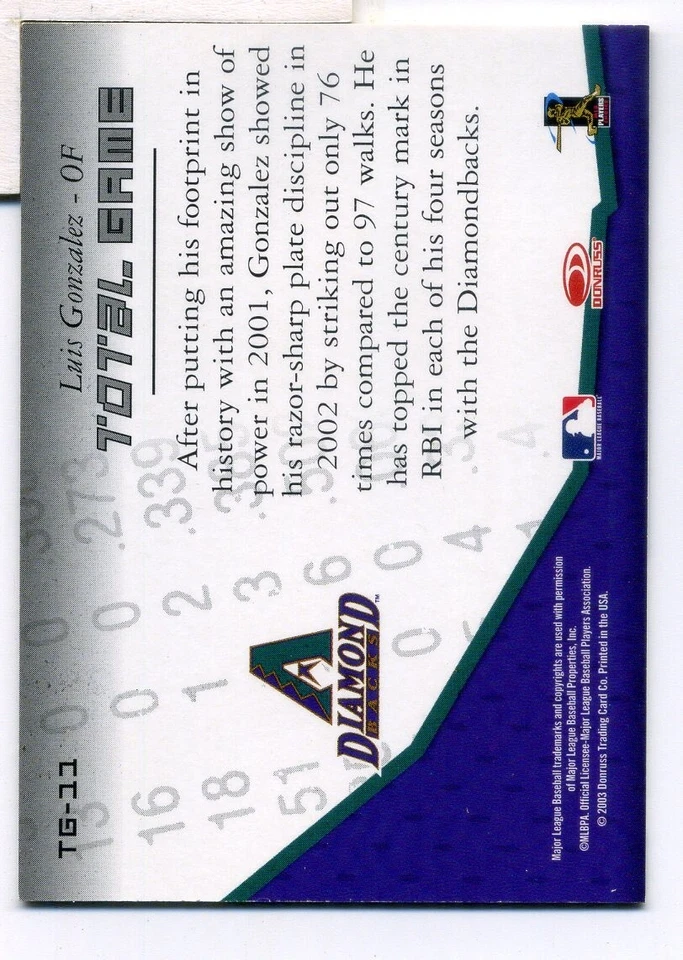 2003 Donruss Champions Total Game Diamondbacks Baseball Card #11 Luis Gonzalez - Image 2 of 2