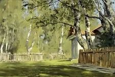 Oil painting Isaak Iliich Levitan - Sunny day landscape with house free shipping