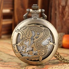 Bronze Hollow Dragon Pattern Unisex Quartz Pocket Watch with Necklace Chain
