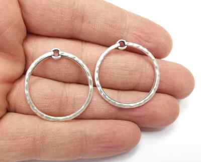4 Round Hammered Circle Charms Antique Silver Plated Findings (30mm) G27471