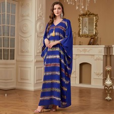 Abaya Kaftan Muslim Women Maxi Dress Dubai One Size Striped Batwing Sleeve Robe