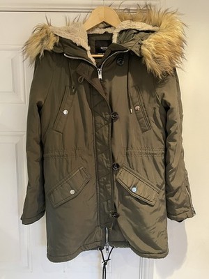 Bershka BSKGIRL Khaki Parka Coat Faux Fur Hood Full Zip Size XS UK 4 - 6