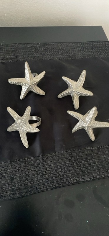 4 Starfish Dinning Napkin Rings Silver Metal Coastal Beach Ocean Theme Nautical