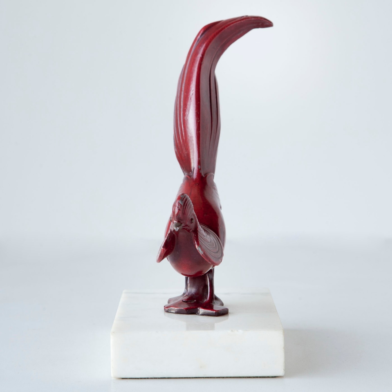 Vintage Art Deco Style Red Painted Metal Pheasant Sculpture on Marble Pedestal