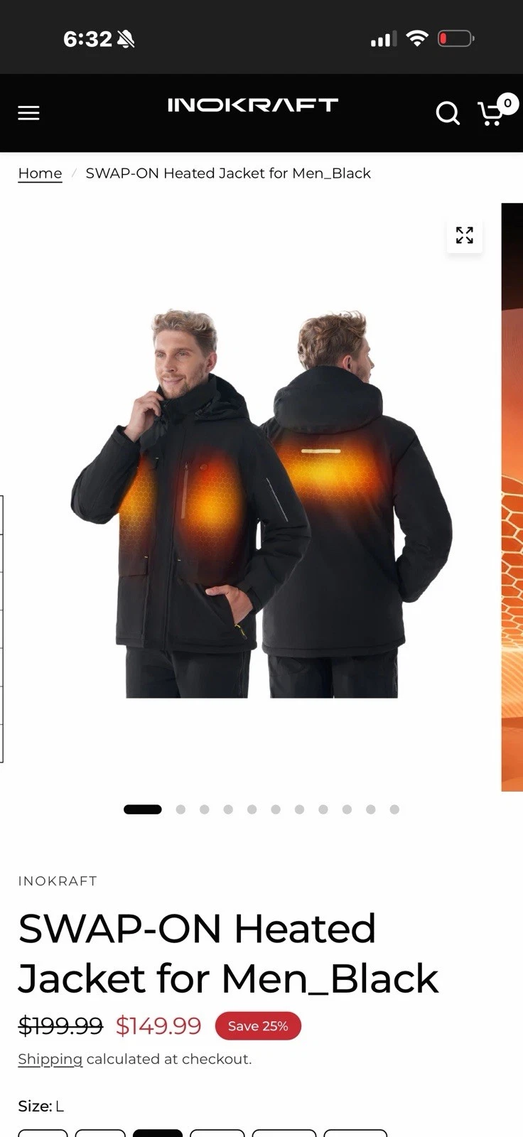 InoKraft Heated Jacket Men Large Black Winter Outdoor Soft Shell Rechargeable