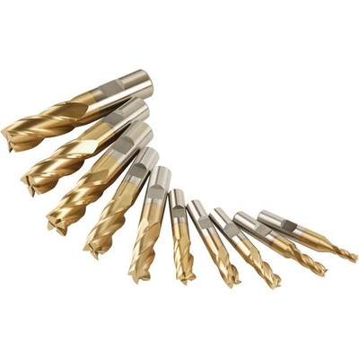 G9762 HSS TiN Coated 4 Flute End Mills, 10 pc. Set