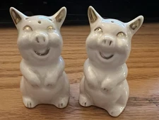 Vintage Glossy Ceramic Pig Salt and Pepper Shakers Ivory and Gold Smiling PIggie