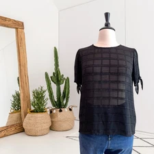 Counterparts Women's XL Short Sleeve Windowpane Plaid Semi-Sheer Top Black