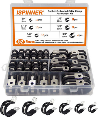 52Pcs Cable Clamps Assortment Kit, 304 Stainless Steel Rubber Cushion Pipe Clamp