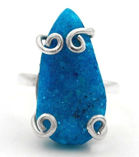 Natural Aquamarine Druzy 925 Sterling Silver Ring Jewelry Sz 7.5