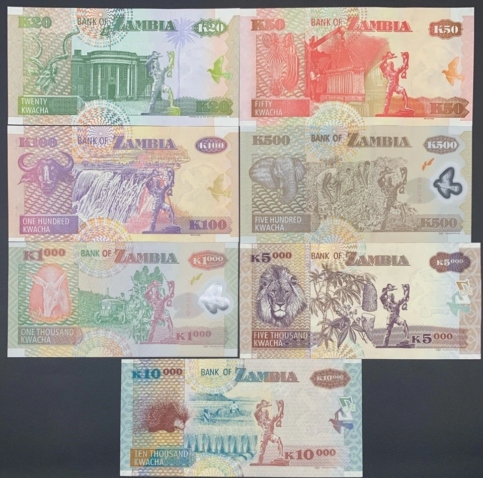 Zambia 20 50 100-10000 Kwacha 1992-2011 P 36-38 43-46 Paper Polymer UNC Set 7 p - Image 2 of 4