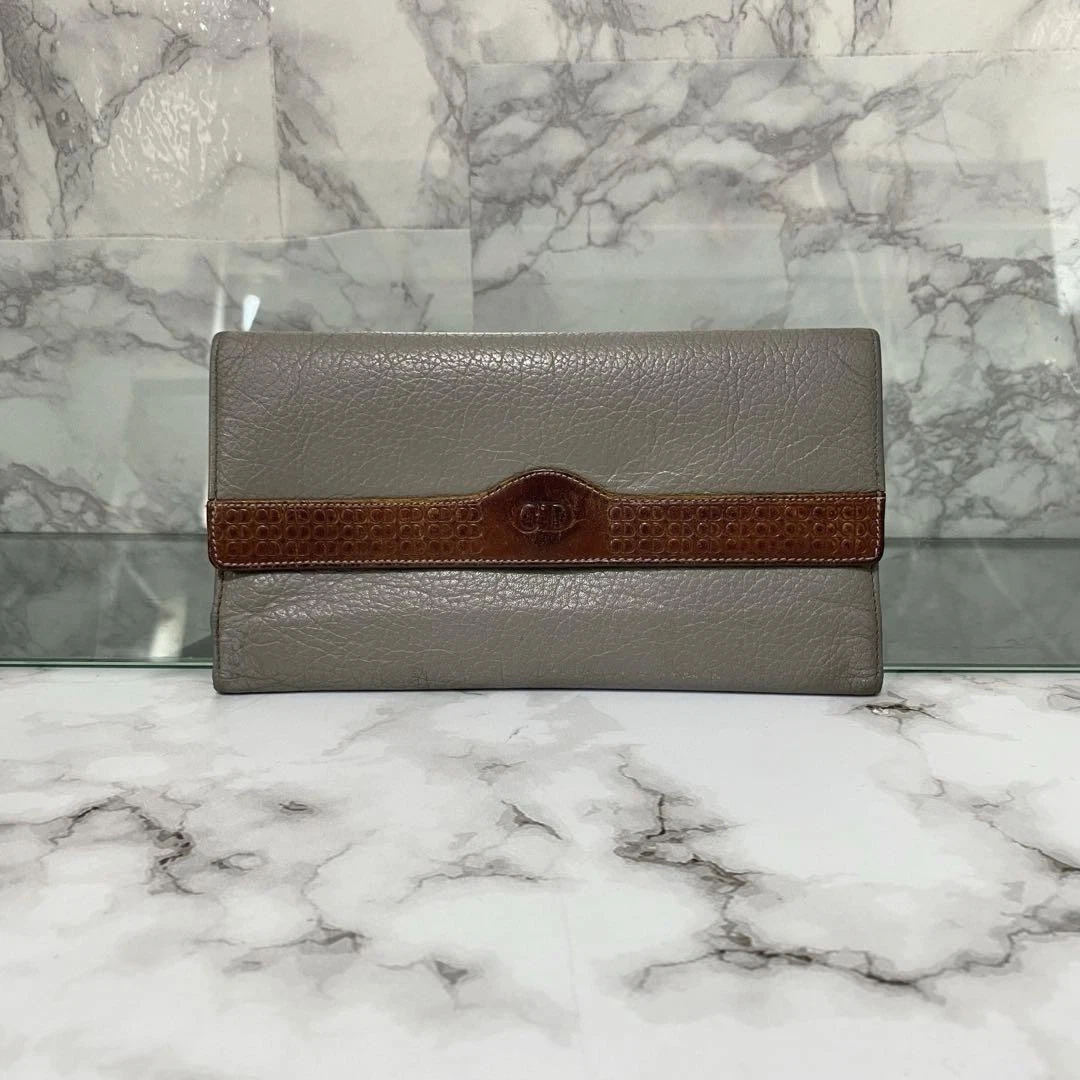 Portefeuille long Christian Dior années 90 gris cuir véritable 9,8 x 18,1 cm