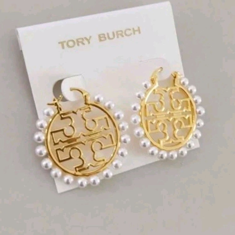 Tory Burch Gold Tone Hoop Earrings Pearl Accents Round Lobe