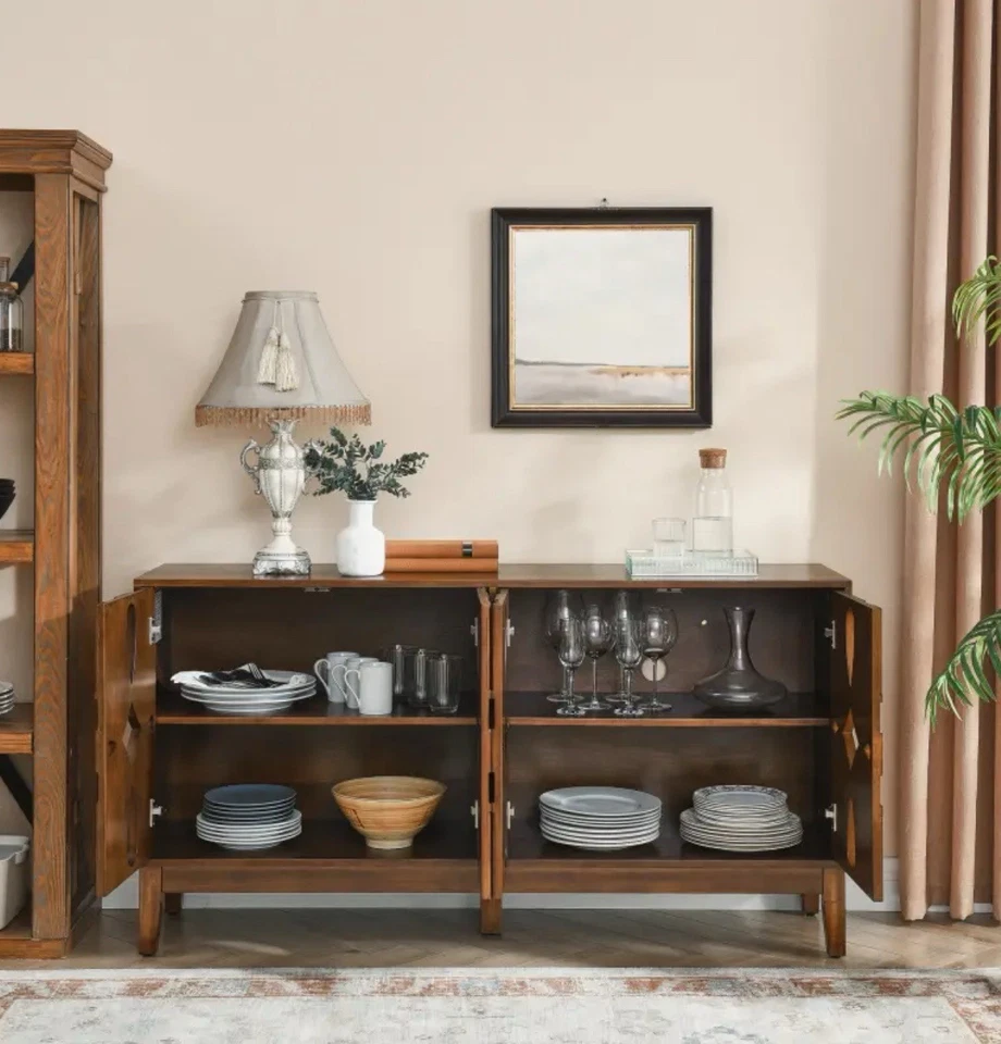 Aparador Mid-Century de madera dura de nogal|Buffet|Almacenamiento de 4 puertas|Estantes ajustables Foto 4 de 4