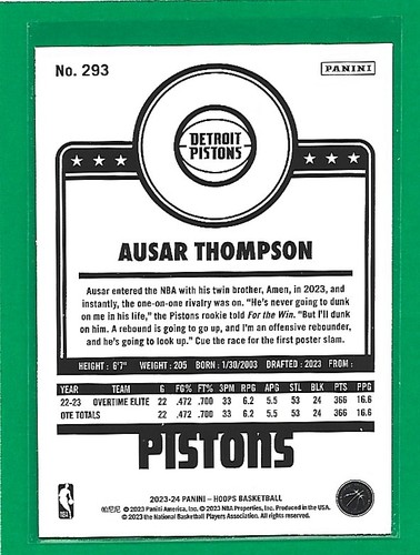 Aros de baloncesto amarillo 2023-24 Ausar Thompson HT #293 Detroit Pistons - Imagen 2 de 2