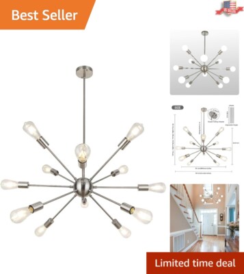 Modern Metal Sputnik Chandelier - Brushed Nickel - 12 Lights - Adjustable Height